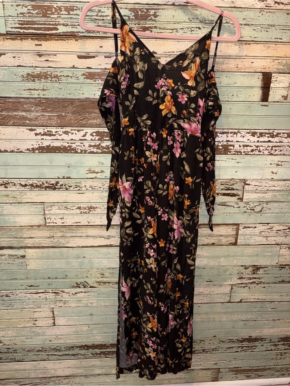 American Eagle Outfitters Black Floral Cold-Shoulder Maxi Romper